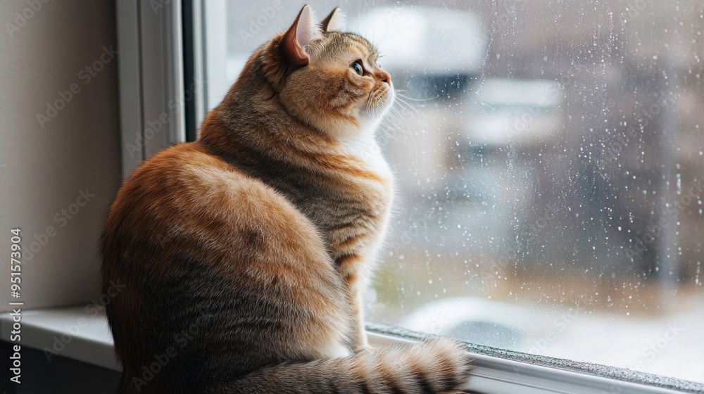 Poster An overweight cat sitting on a windowsill, gazing outside with a curious expression, its round body and fluffy tail creating a charming scene.
