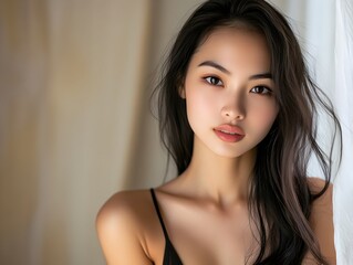 Naklejka premium Poised Asian Female Model in Upscale Contemporary Living Space with Plush Textiles and Natural Wood Accents