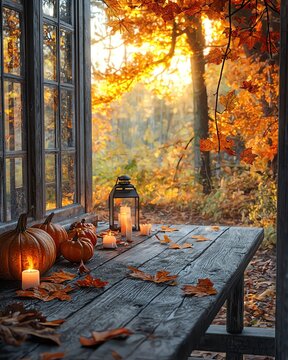 A cozy autumn scene with pumpkins, candles, and falling leaves, framed by a warm golden sunset through the window.