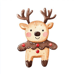 Fototapeta premium Watercolor illustration of cute reindeer shaped cookie with joyful expression, decorated with red buttons and chocolate icing.