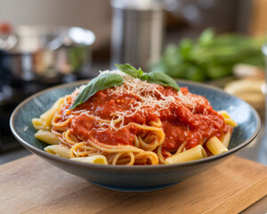  a bowl of pasta featuring a delightful mix of spaghetti and penne, all generously coated in a rich tomato sauce. The dish is finished with a sprinkle of grated cheese