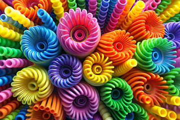 A colorful bouquet of plastic flowers made from plastic straws. The flowers are arranged in a way that they look like they are blooming. The colors of the flowers are vibrant and eye-catching