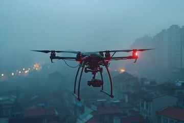 Drone Flying Over City in Foggy Weather