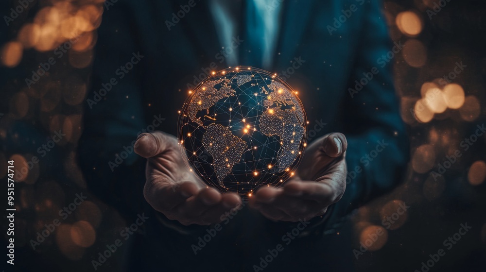 Aufkleber Businessman holding global network connection on social networking and customer data analytics, Business strategy and smart intelligence, digital marketing, Technology and global business.