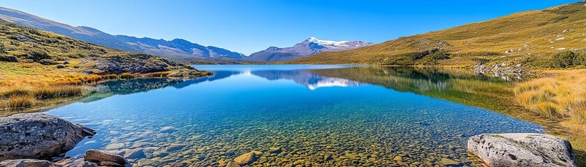 Calm lake under a clear sky, pristine water reflecting blue sky, minimalist nature scene