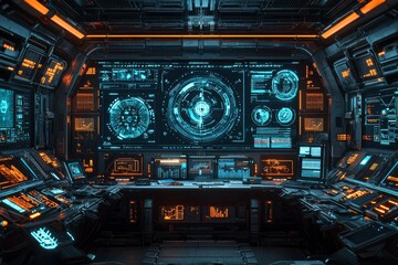 Obraz premium Futuristic Spaceship Interior with Advanced Technology and Displays