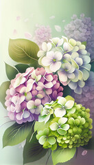 Beautiful hydrangea bouquet isolated, multicolor blur bokeh background. Spring floral vertical composition. Generated AI