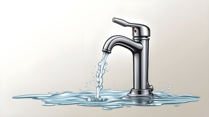 A vector illustration of a realistic-looking stream of water coming from a faucet. Isolated on a white backdrop is the water tap icon.