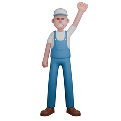 Male Mechanic in 3D Professional Technical. A mechanic with a determined expression, wearing a blue uniform, raising his right hand with a clenched fist. Cartoon