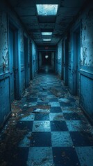 A hauntingly abandoned corridor with blue walls, dim lighting, and a checkered floor covered in debris, evoking mystery and decay.