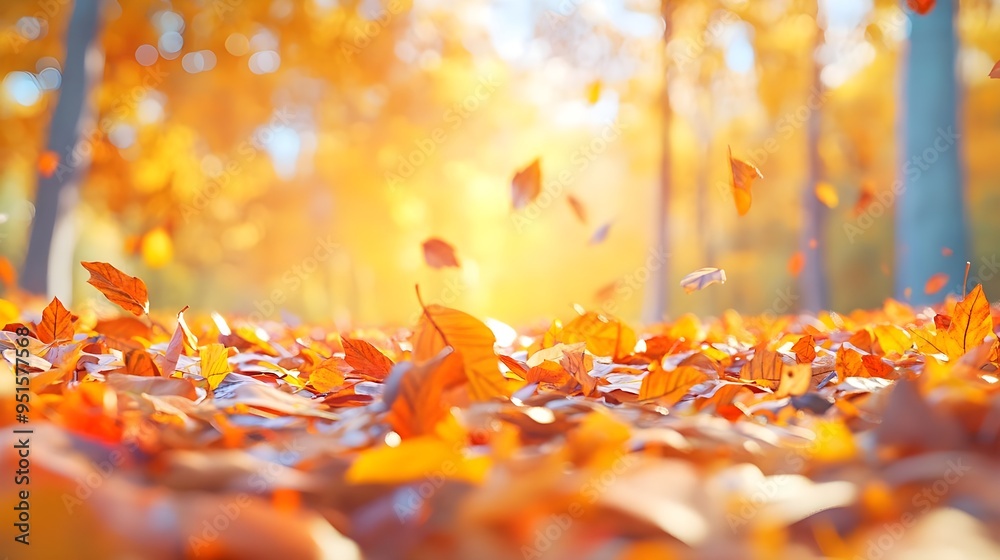 Wall mural Golden Autumn Leaves Falling in Forest