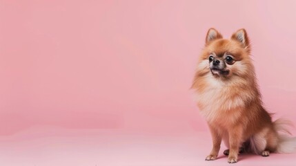 Obraz premium Cute Pomeranian Dog Sitting on Pink Background