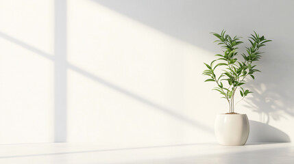 A white room with a large window and a potted plant. The room is empty and has a minimalist feel