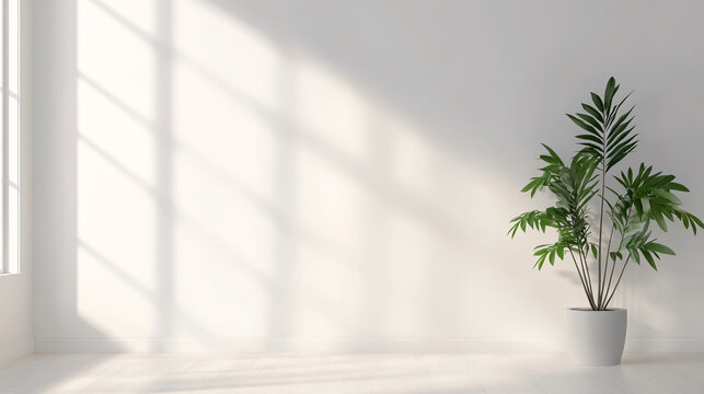 A white room with a large window and a potted plant. The room is empty and has a minimalist feel