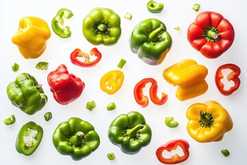 A dynamic display of various bell peppers in green