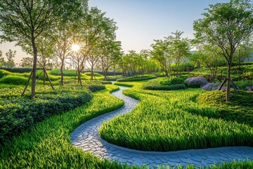 Fototapeta premium Winding Stone Path Through a Lush Green Garden