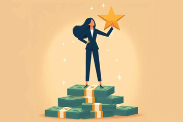 A symbol of success and glory, career woman stands on a stack of dollar bills holding a star