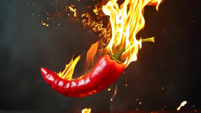 A fiery red chili pepper ignites flames in a dark , showcasing vibrant heat and culinary excitement
