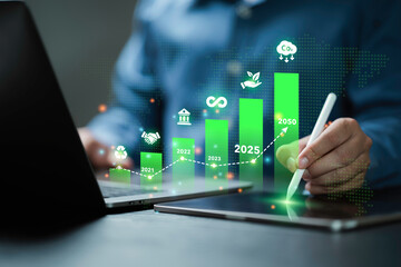Carbon emission reduction target, low carbon economy concept. Green business responsibility...