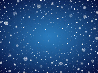 Horizontal banner with Christmas symbols on a blue background. Snowy winter design. White falling snowflakes, abstract landscape. Cold weather effect. 
