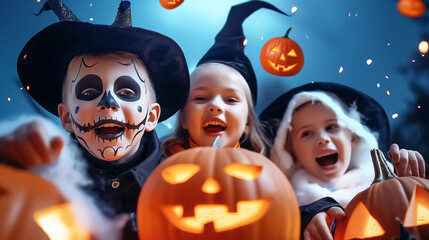 A group of excited children dressed in Halloween costumes pose with their carved pumpkins, surrounded by floating Jack-o'-lanterns and a spooky night sky