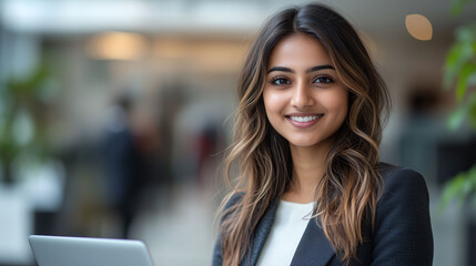 Naklejka premium Indian businesswoman working on laptop in a modern office | Woman working on laptop | Woman employee in office | Woman entrepreneur | Business woman 