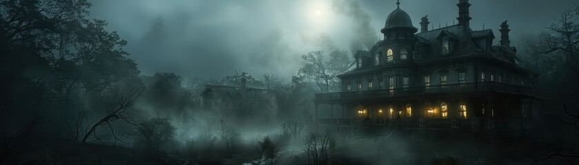 Fototapeta premium A hauntingly beautiful mansion enveloped in eerie fog and illuminated by a ghostly moonlight, perfect for a chilling atmosphere.