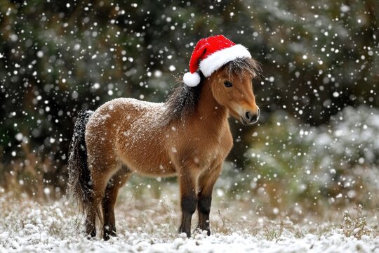 Festive Christmas pony in snowy landscape - Powered by Adobe