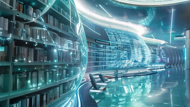 Futuristic Library With Holographic Displays and Spiral Staircase, A futuristic library filled with holographic displays of knowledge