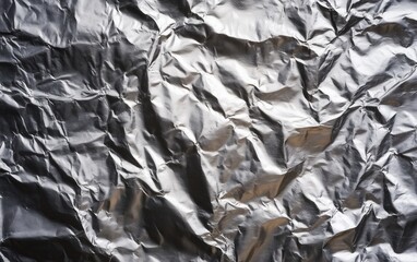 Creasy aluminum foil texture. Silver foil background. Crumpled metalic color wrapping paper sheet. 