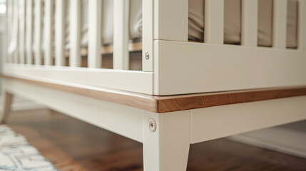 A close-up shot of a cribâs leg, focusing on the sturdy construction and connection to the frame.