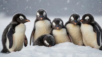Penguin chicks cuddling together in the snow