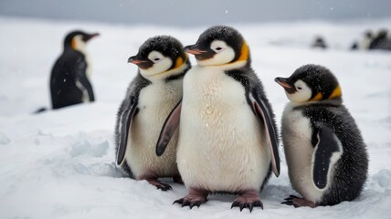 Obraz premium Penguin chicks keeping warm together in snowy habitat