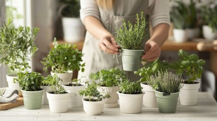 A woman in light-colored overalls tends to potted plants on a white wooden table. Indoor gardening concept, nurturing plants.