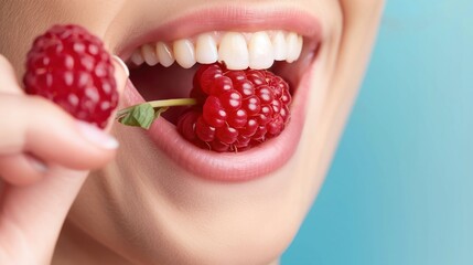 Woman Eating Raspberries Close-Up