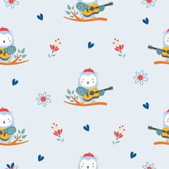 blue bird singing cute seamless pattern