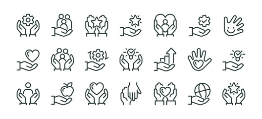 Set hands gestures holding hearts, arrows, gears, human symbol, planet, star and light bulb. line signs human palms and arms. Vector icons pack for web and app in outline style editable stroke.
