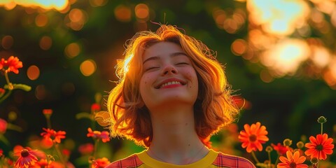 Fototapeta premium portrait of a woman in a field of flowers
