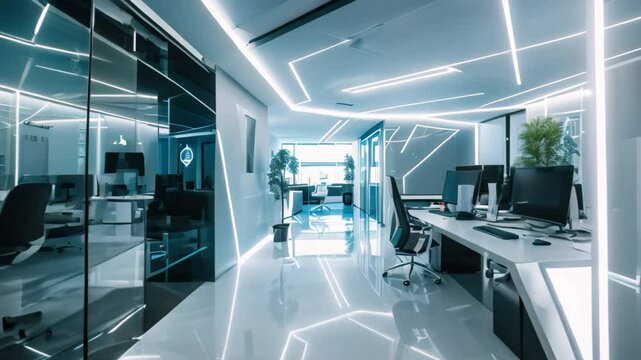 A futuristic office space with white curving furniture and a reception desk, A futuristic office space filled with cutting-edge technology and sleek design elements