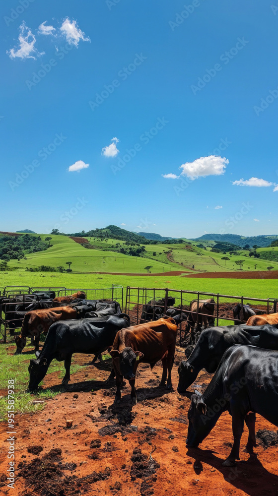 Poster a herd of cows are grazing in a field