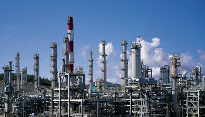 Yeosu-si, Jeollanam-do, South Korea - January 1, 2002: Panoramic view of pipe and chimney at Petrochemical factory for oil refinery at Yeosu Industrial Complex