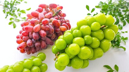 bunch of red seedless grapes and SHINE MUSCAT GRAPE
,fresh  red grapes and green grapes on white background, fresh grapes fruit