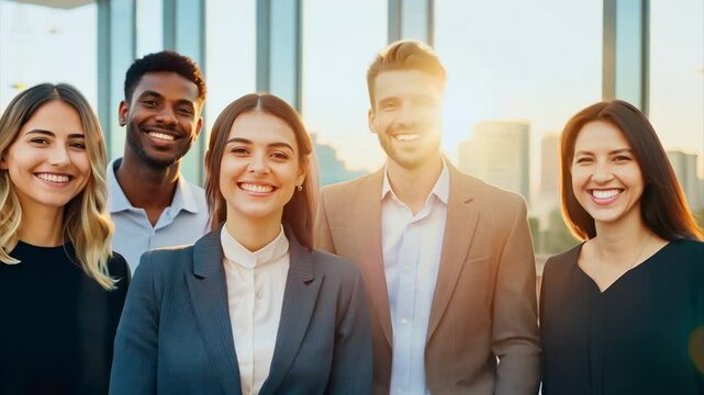 Happy diverse business people office workers team standing in row looking at camera.
