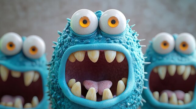 Colorful cartoon monsters express excitement in a playful setting