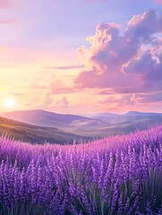 Obraz premium Serene Lavender Field at Sunset with Fluffy Clouds and Rolling Hills