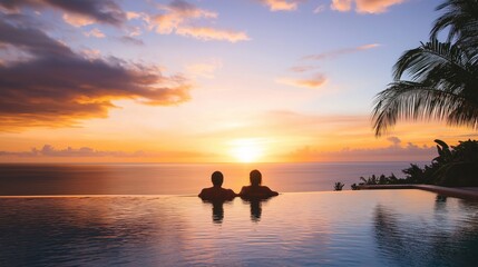 A couple relaxing by a tropical infinity pool at sunset