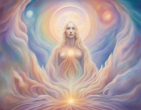 Sun Goddess. An ethereal woman emitting light waves of soft pastel colors 