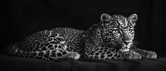 Fototapeta premium Black and white portrait of a wild leopard resting solid black background sharp focus detailed fur intense gaze
