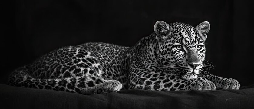 Black and white portrait of a wild leopard resting solid black background sharp focus detailed fur intense gaze