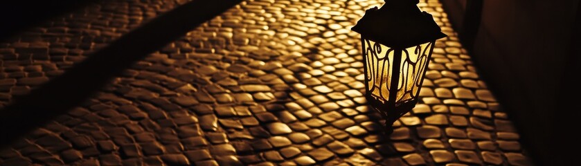 Naklejka premium Vintage Street Lantern Illuminating Cobblestone Pathway at Night with Warm Golden Light